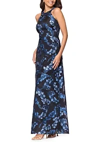 Women's Sleeveless Halter Neck Floral Brocade A-Line Dress