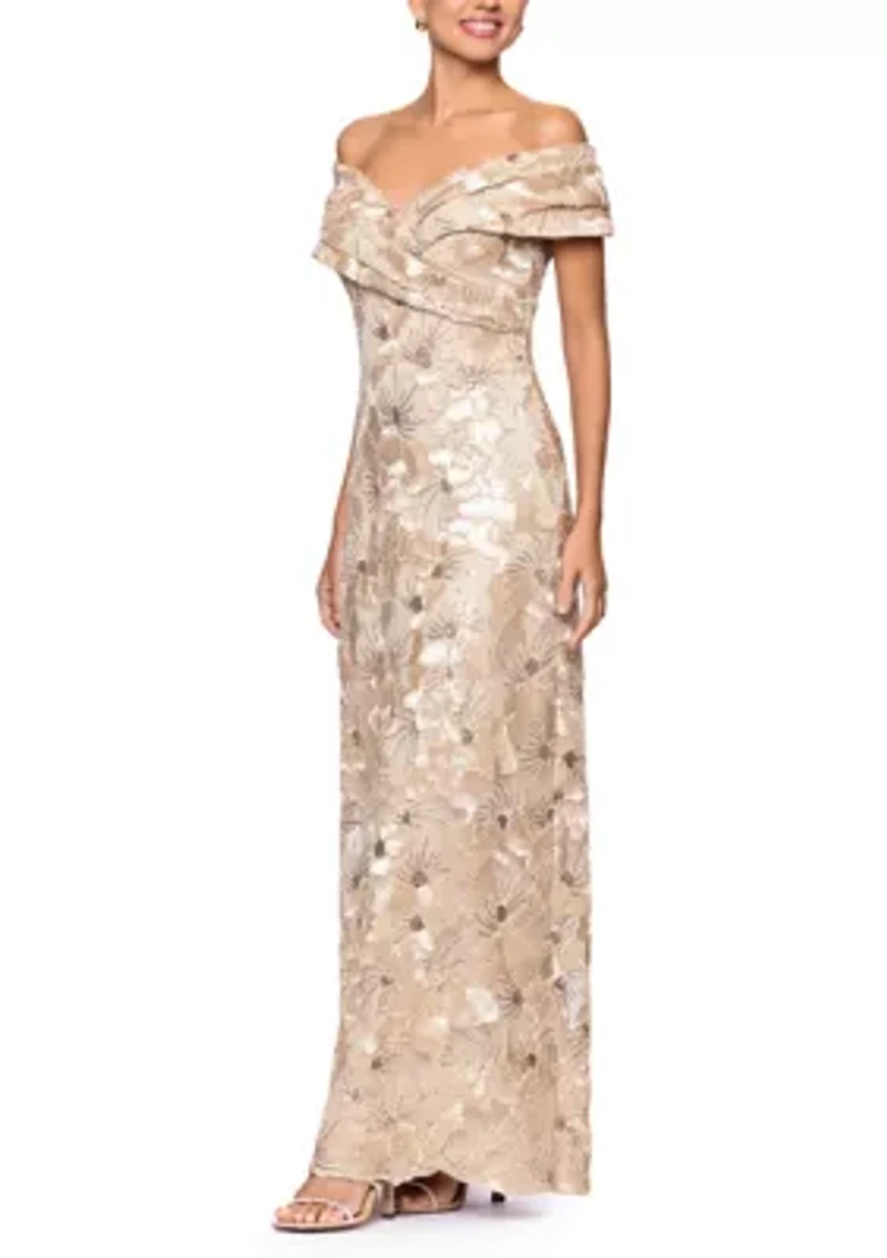 Women's Sleeveless Off the Shoulder Floral Embroidered Gown