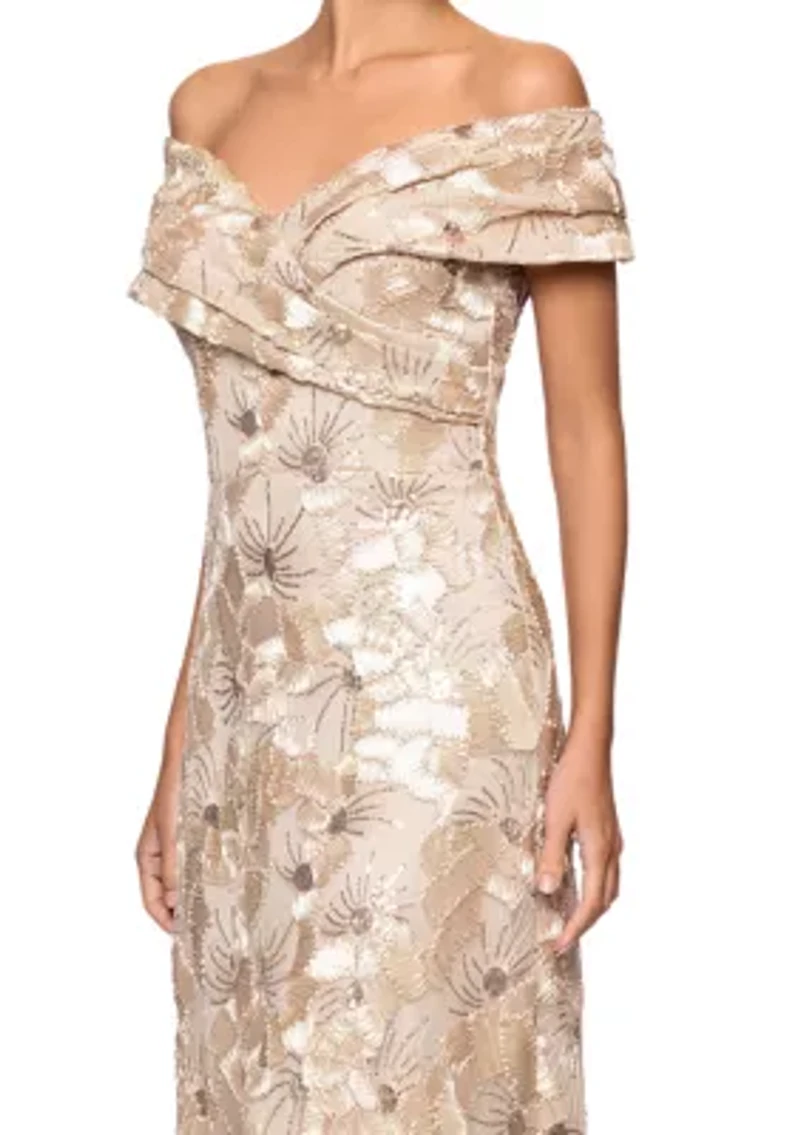 Women's Sleeveless Off the Shoulder Floral Embroidered Gown