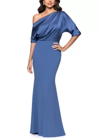 Women's Short Sleeve Mixed Media Satin Scuba Gown