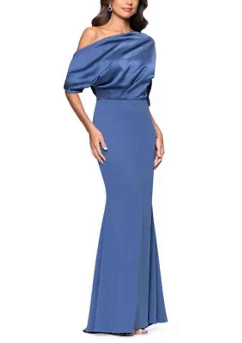 Women's Short Sleeve Mixed Media Satin Scuba Gown