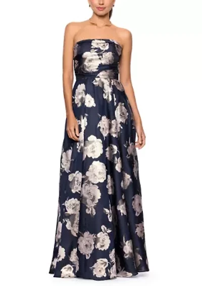 Women's Strapless Floral Foil Printed Gown
