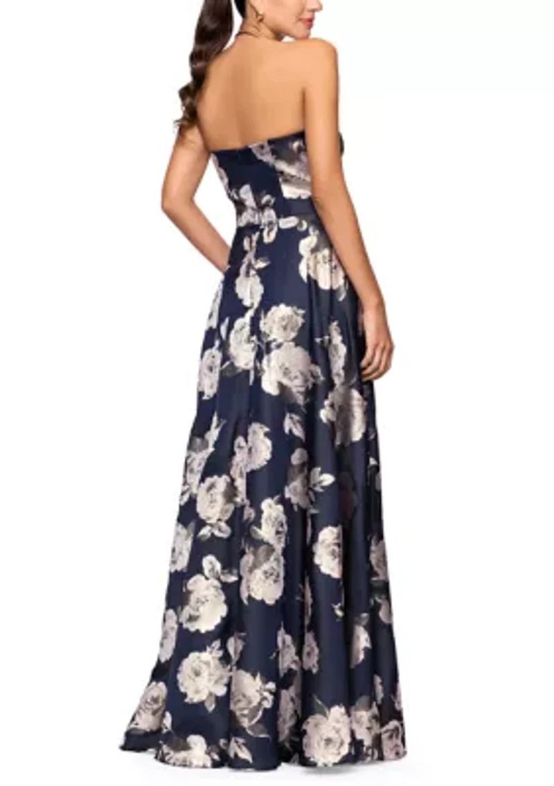Women's Strapless Floral Foil Printed Gown