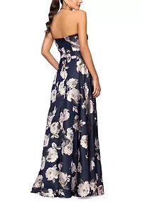 Women's Strapless Floral Foil Printed Gown