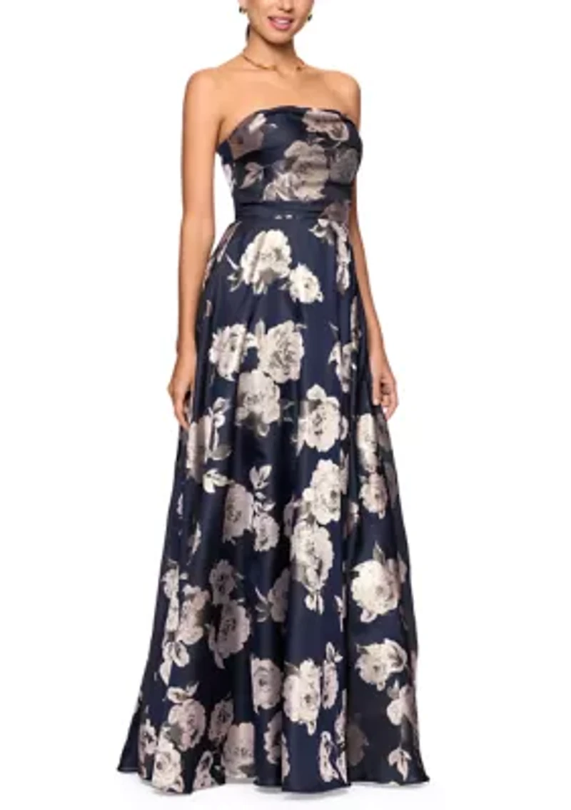 Women's Strapless Floral Foil Printed Gown