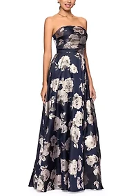 Women's Strapless Floral Foil Printed Gown