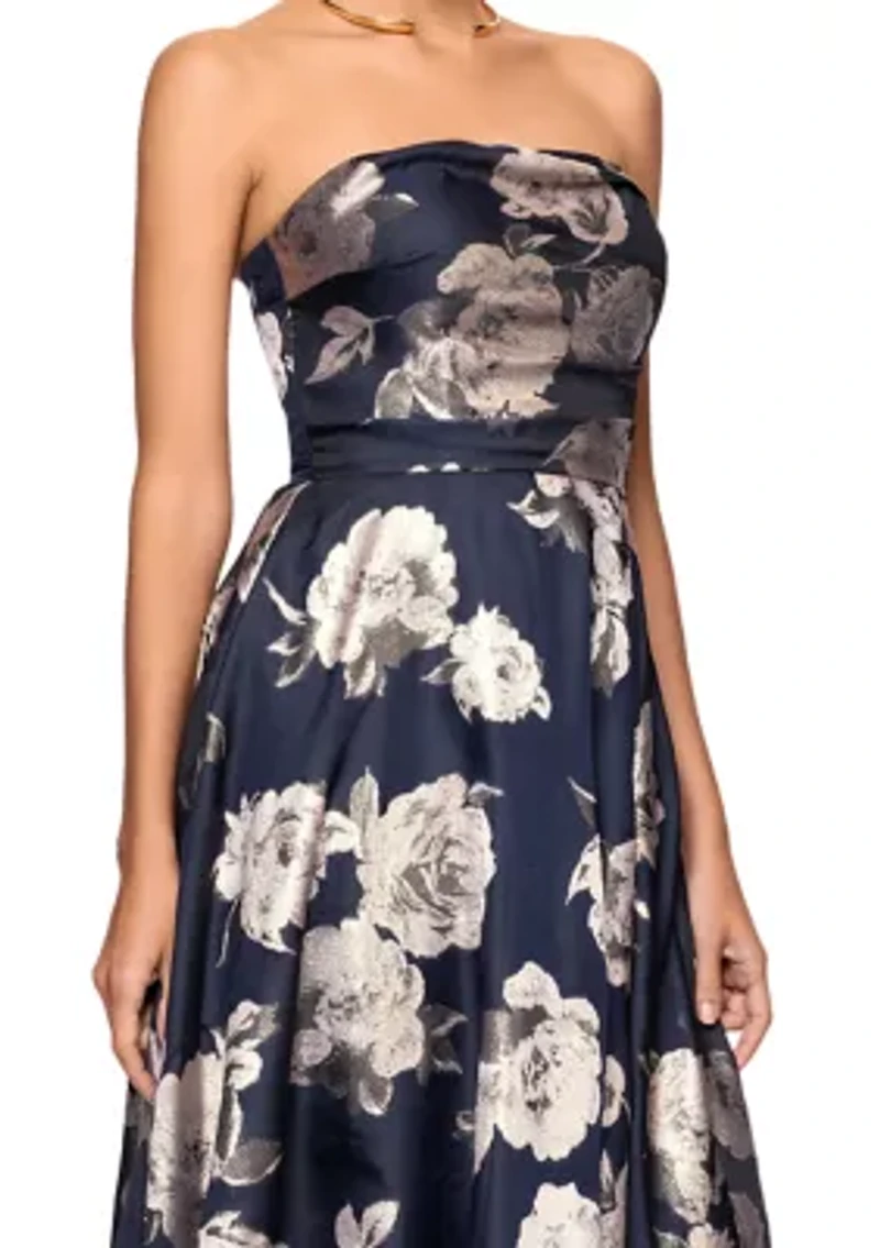 Women's Strapless Floral Foil Printed Gown