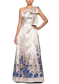 Women's One Shoulder Border Floral Brocade Gown