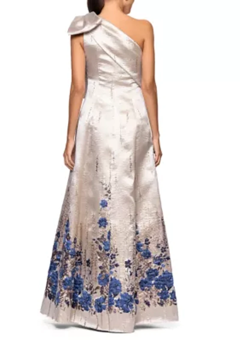 Women's One Shoulder Border Floral Brocade Gown