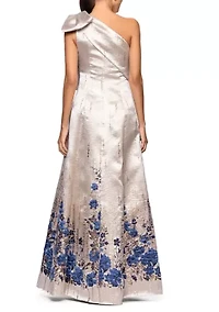 Women's One Shoulder Border Floral Brocade Gown