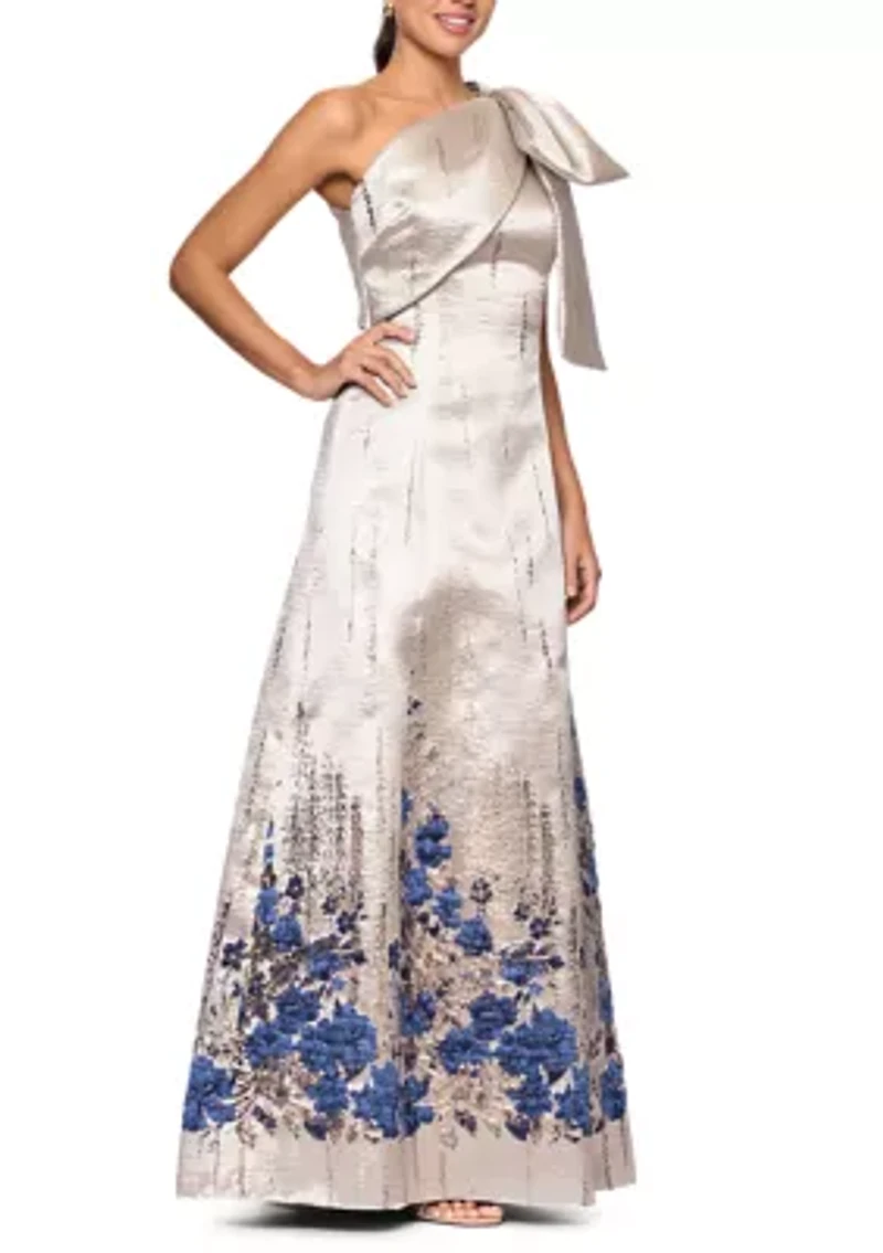 Women's One Shoulder Border Floral Brocade Gown