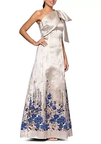 Women's One Shoulder Border Floral Brocade Gown