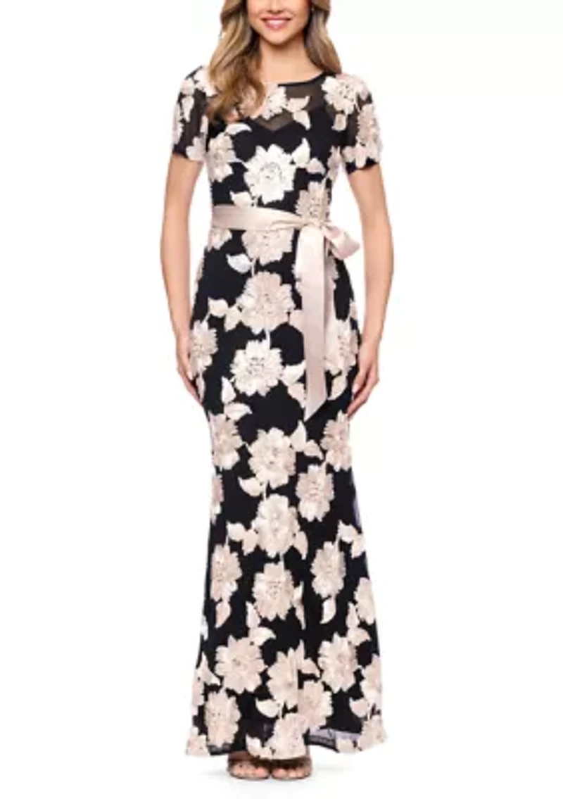 Women's Embroidered Floral Dress with Satin Tie Waist