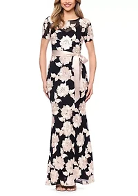 Women's Embroidered Floral Dress with Satin Tie Waist