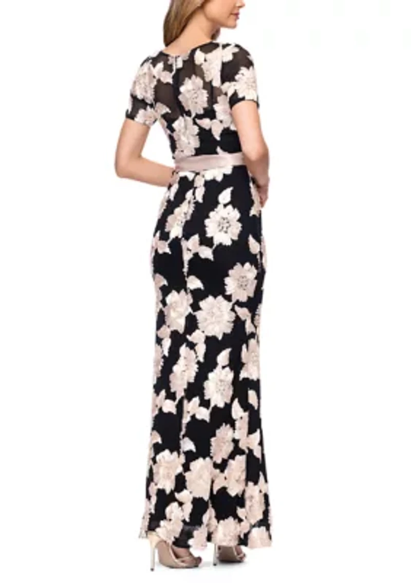 Women's Embroidered Floral Dress with Satin Tie Waist