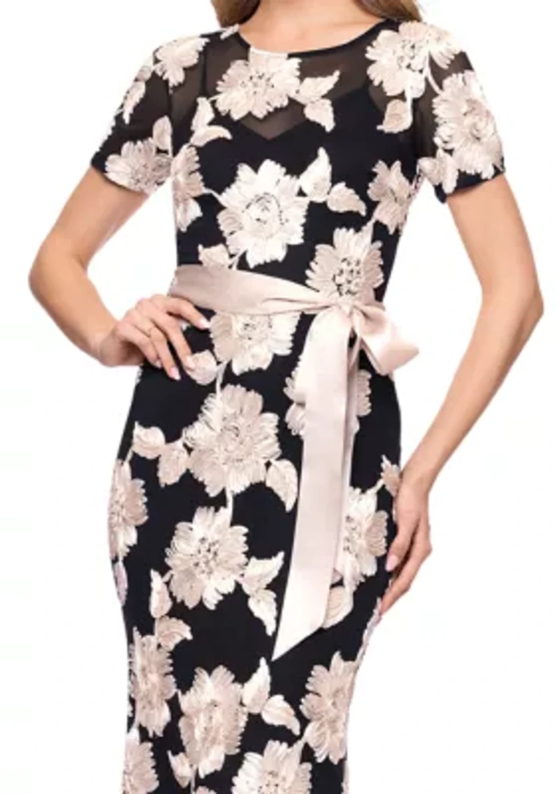 Women's Embroidered Floral Dress with Satin Tie Waist