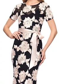Women's Embroidered Floral Dress with Satin Tie Waist