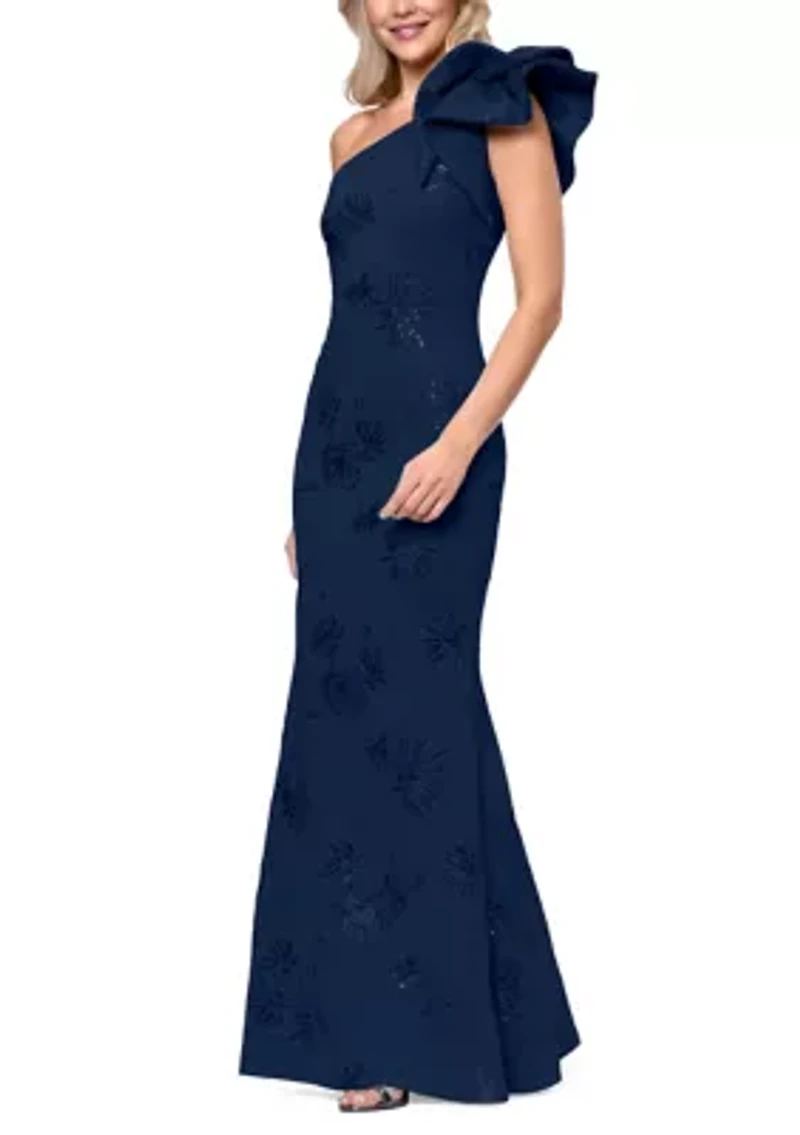 Women's One Shoulder Floral Sequin Gown