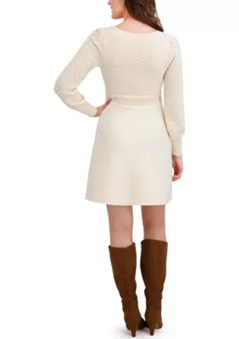 Women's Pointelle Puff Sleeve Sweater Dress