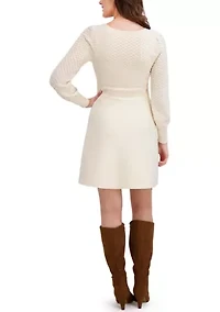 Women's Pointelle Puff Sleeve Sweater Dress