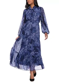 Women's Long Sleeve Mock Neck Printed Chiffon Maxi Dress