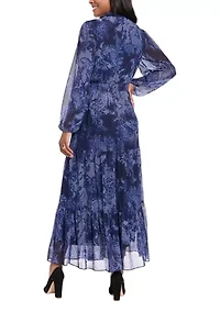 Women's Long Sleeve Mock Neck Printed Chiffon Maxi Dress