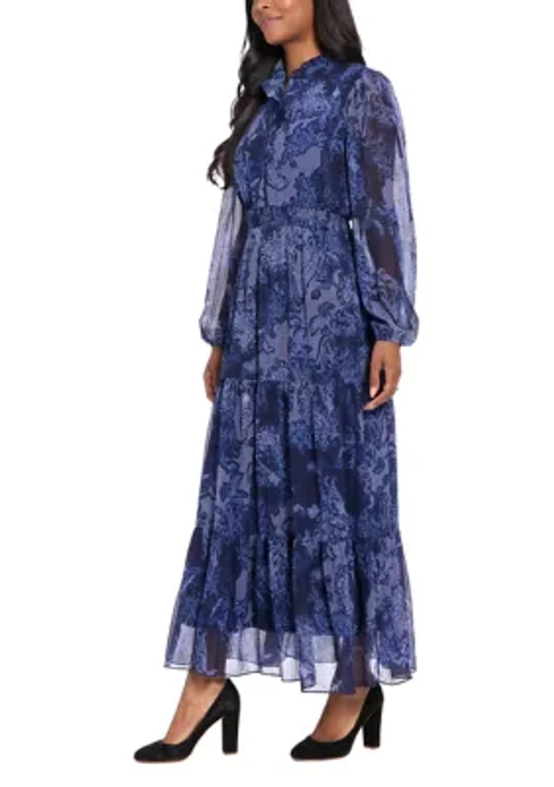 Women's Long Sleeve Mock Neck Printed Chiffon Maxi Dress