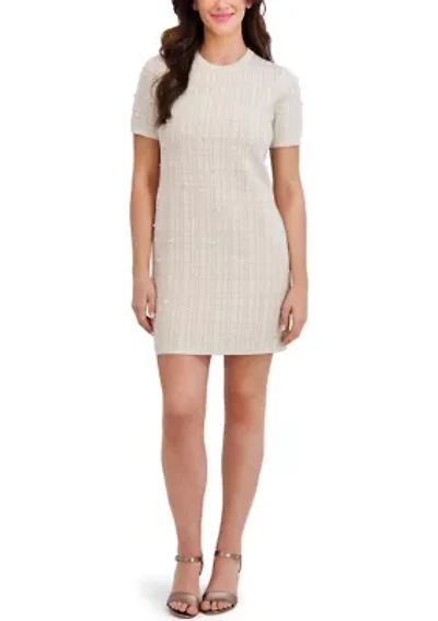 Women's Short Sleeve Lurex Plaid Sheath with Pearls