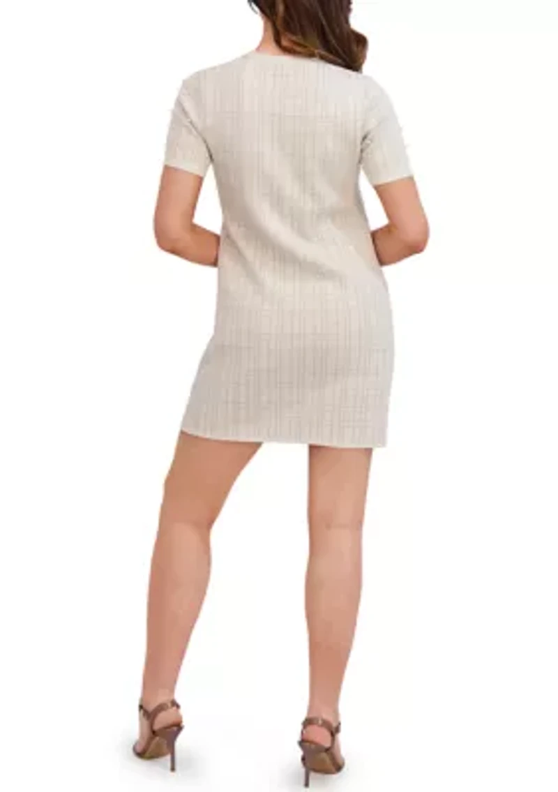 Women's Short Sleeve Lurex Plaid Sheath with Pearls