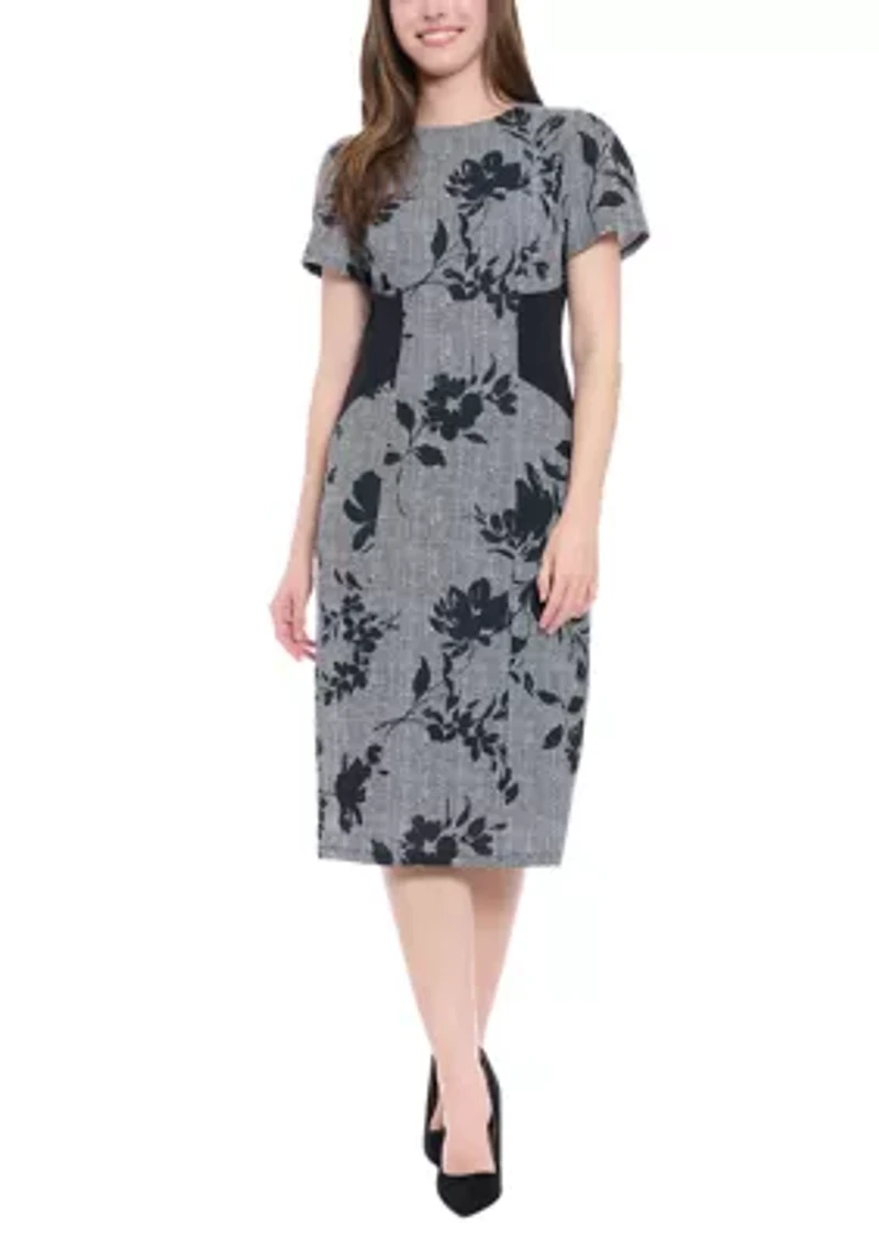 Women's Short Sleeve Crew Neck Floral Print Ponte Midi Dress