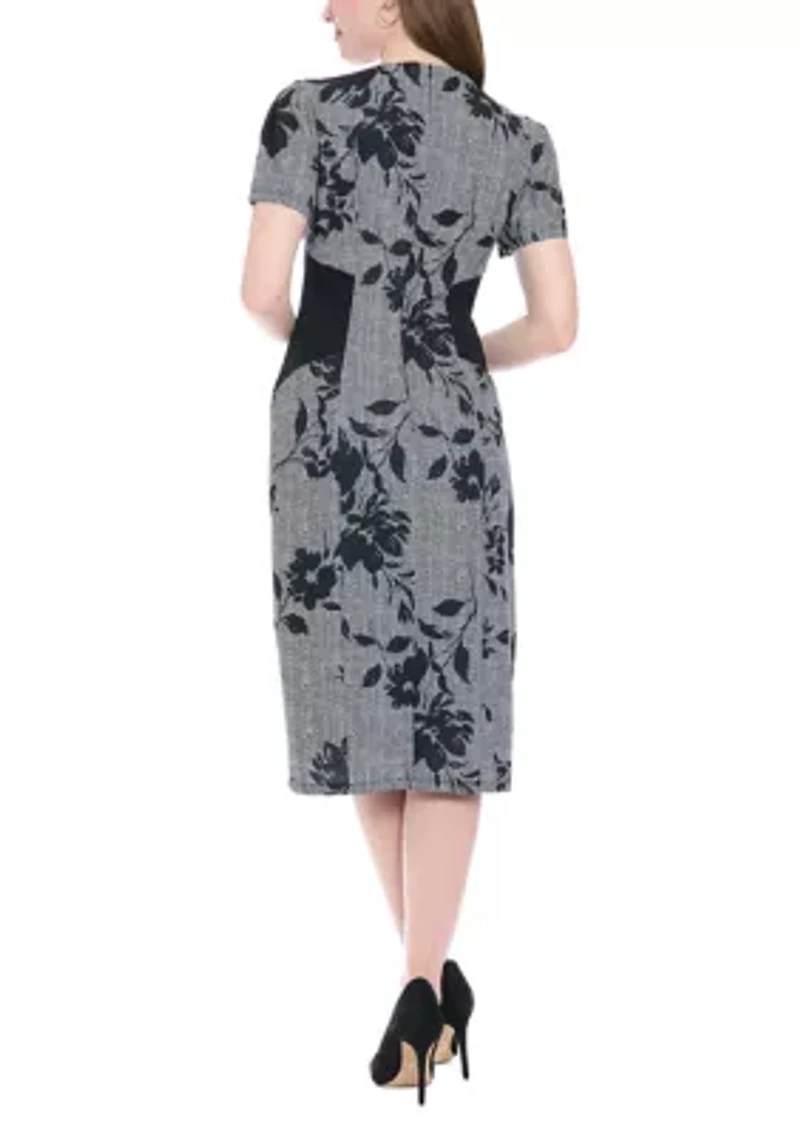Women's Short Sleeve Crew Neck Floral Print Ponte Midi Dress