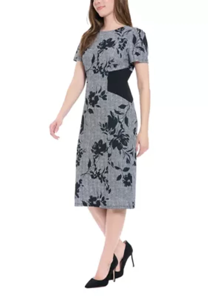 Women's Short Sleeve Crew Neck Floral Print Ponte Midi Dress