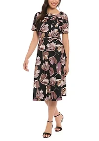 Women's Short Sleeve Crew Neck Floral Print Scuba A-Line Dress