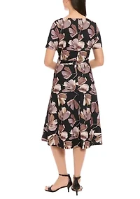 Women's Short Sleeve Crew Neck Floral Print Scuba A-Line Dress