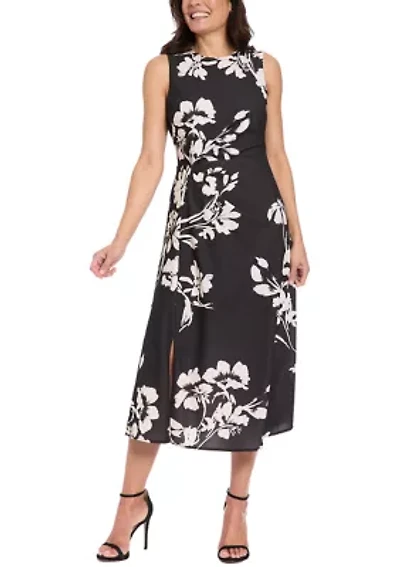 Women's Sleeveless Pleated Print Waist Midi Dress