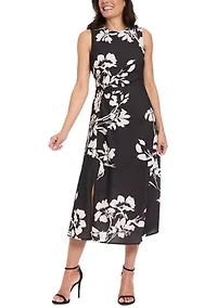 Women's Sleeveless Pleated Print Waist Midi Dress