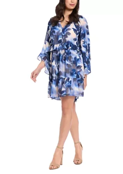 Women's Long Sleeve V-Neck Floral Print Chiffon A-Line Dress
