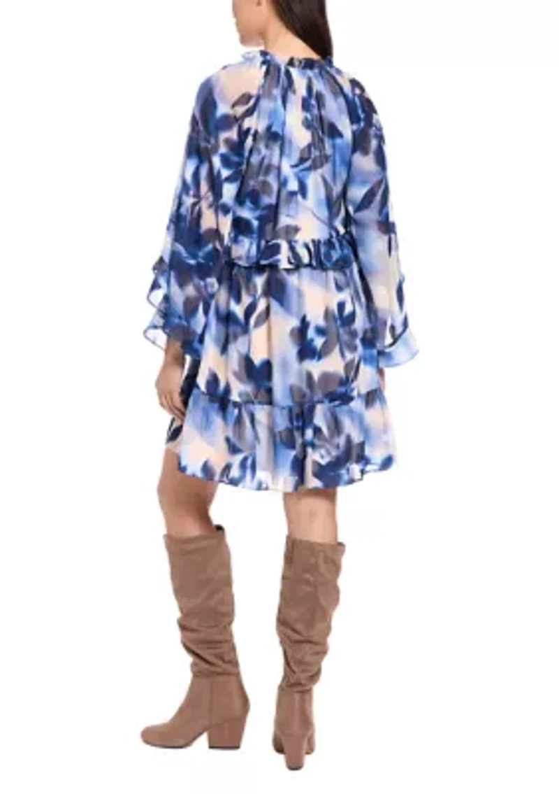 Women's Long Sleeve V-Neck Floral Print Chiffon A-Line Dress