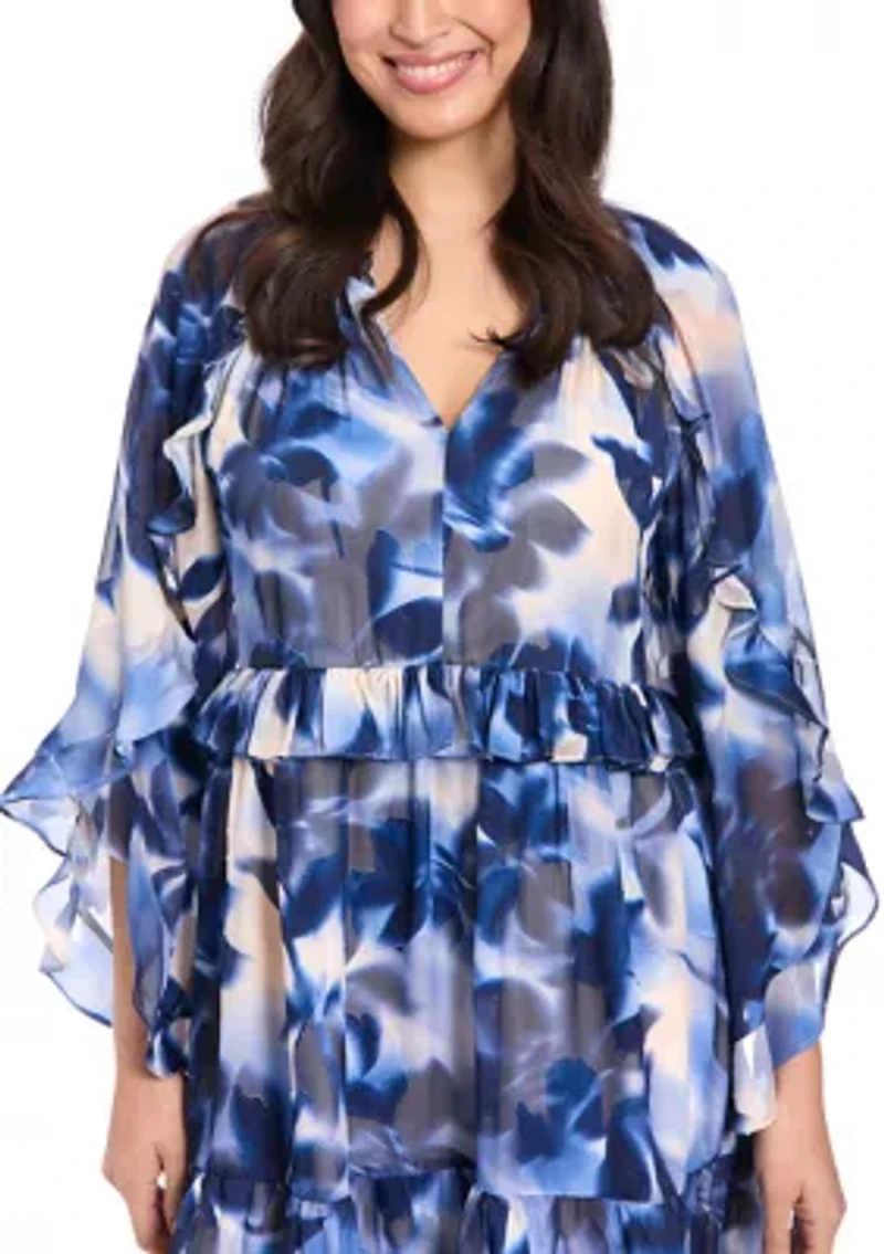 Women's Long Sleeve V-Neck Floral Print Chiffon A-Line Dress