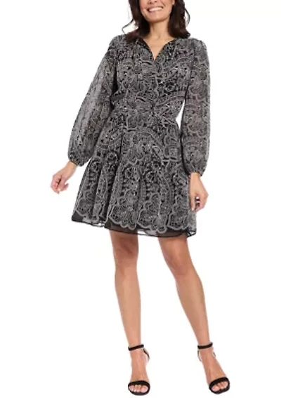 Women's Long Sleeve Embroidered Chiffon A-Line Dress