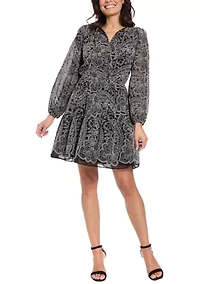 Women's Long Sleeve Embroidered Chiffon A-Line Dress