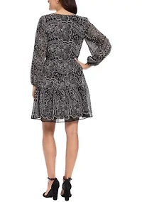 Women's Long Sleeve Embroidered Chiffon A-Line Dress