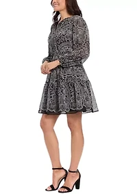 Women's Long Sleeve Embroidered Chiffon A-Line Dress