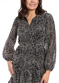 Women's Long Sleeve Embroidered Chiffon A-Line Dress