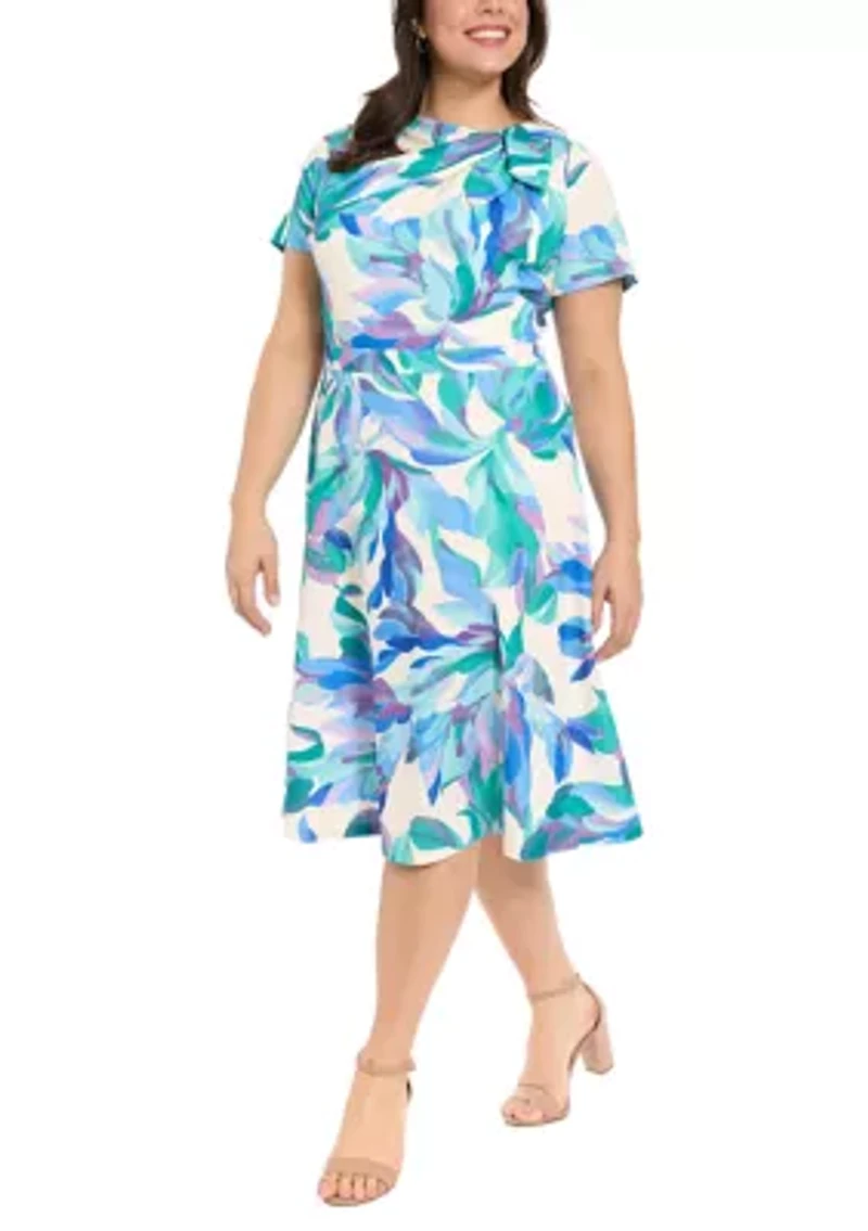 Plus Short Sleeve Floral Scuba Midi Dress
