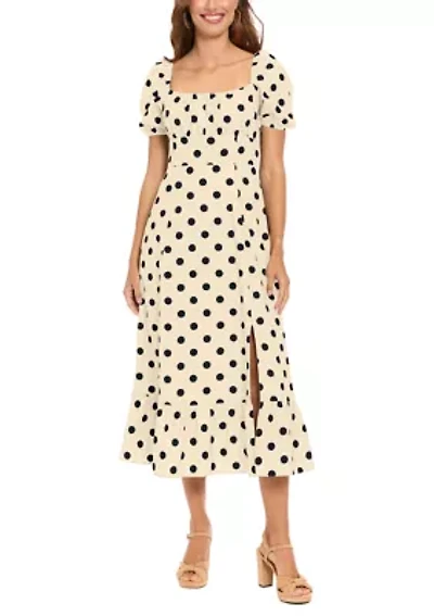Women's Puff Sleeve Printed Linen Midi Dress
