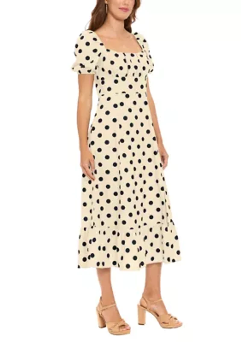 Women's Puff Sleeve Printed Linen Midi Dress