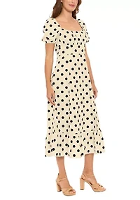 Women's Puff Sleeve Printed Linen Midi Dress