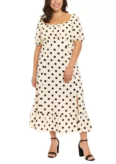 Plus Short Sleeve Printed Linen Midi Dress