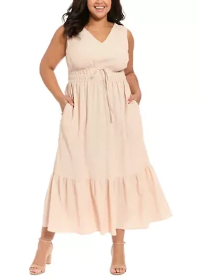 Plus Seersucker Striped Tie Waist V-Neck Maxi Dress